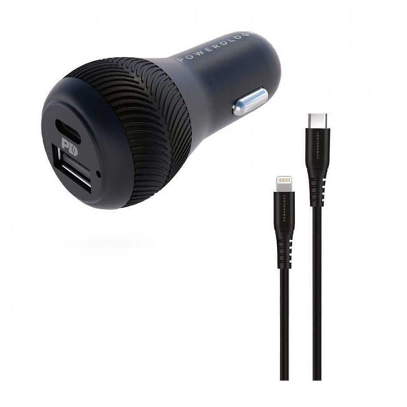 Powerology Dual Port Car Charger 32W USB 2.4A+PD 18W  with Type-C to Mfi Lighting Cable 0.9M