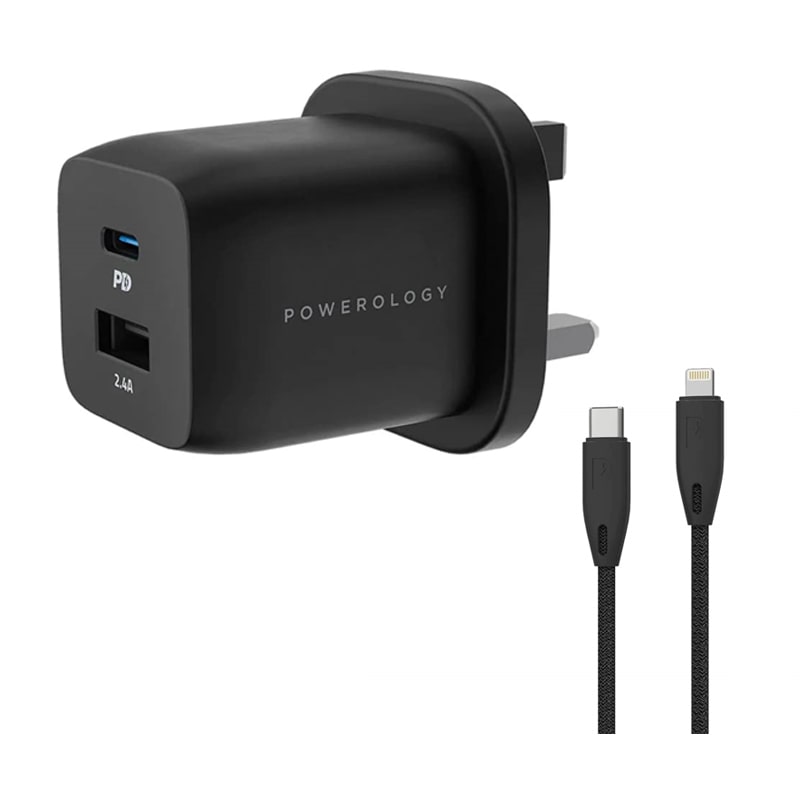 Powerology Dual Port Ultra-Compact Quick GaN Charger 32W with USB-C to Lightning Cable