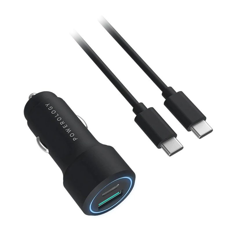 Powerology Dual Port LED Car Charger PD 20W+QC 18W with Type-C to Type-C Cable 0.9M 3A